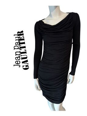 Jean Paul Gaultier Black Ruched Long-Sleeve Draped Dress